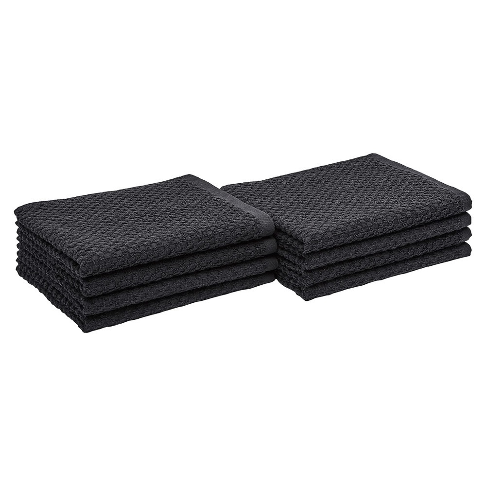 Amazon Basics 100% Cotton,Popcorn Texture Dish Towels, 28"L x 16"W, Black set 8